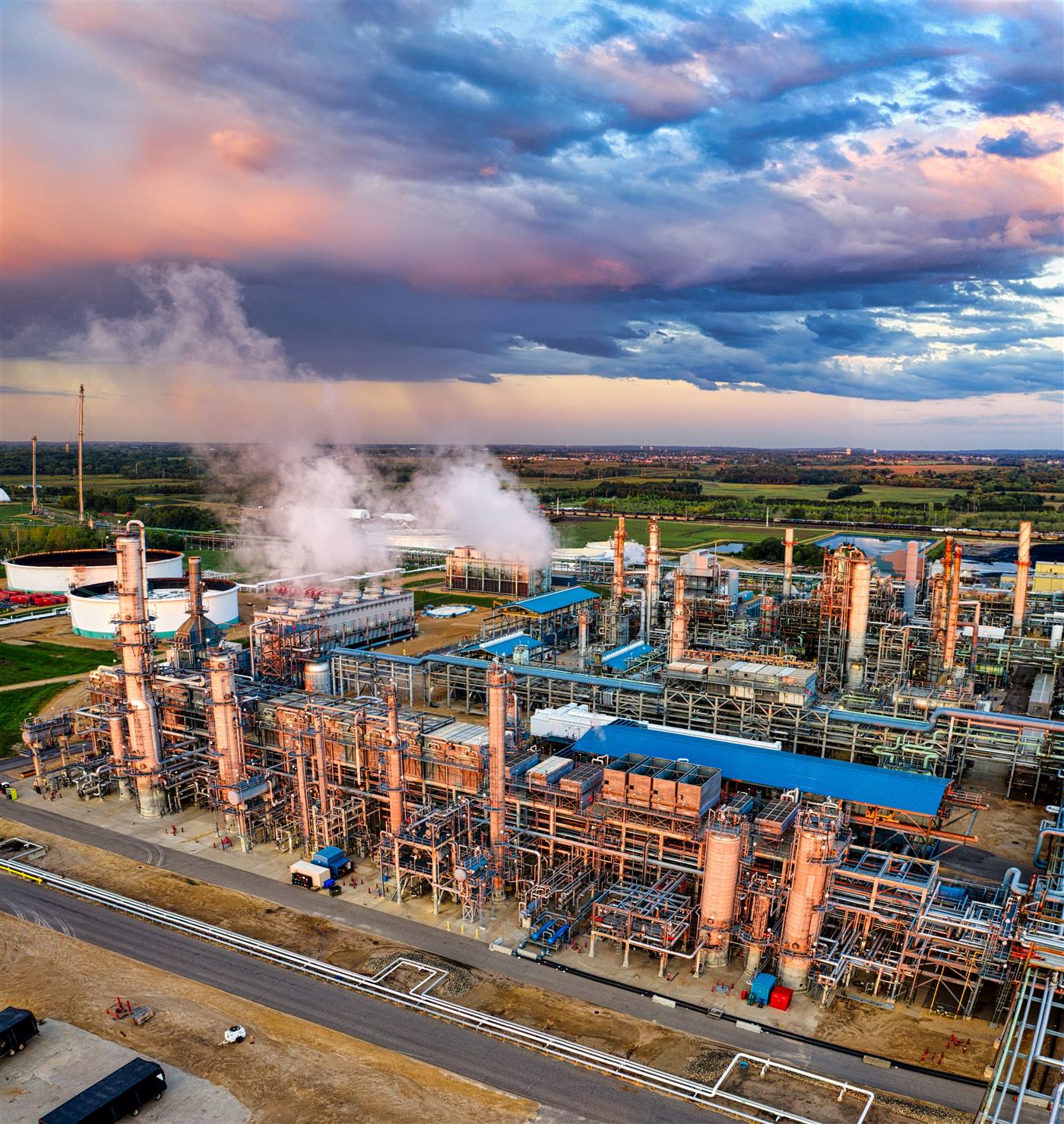 Oil refinery at dusk